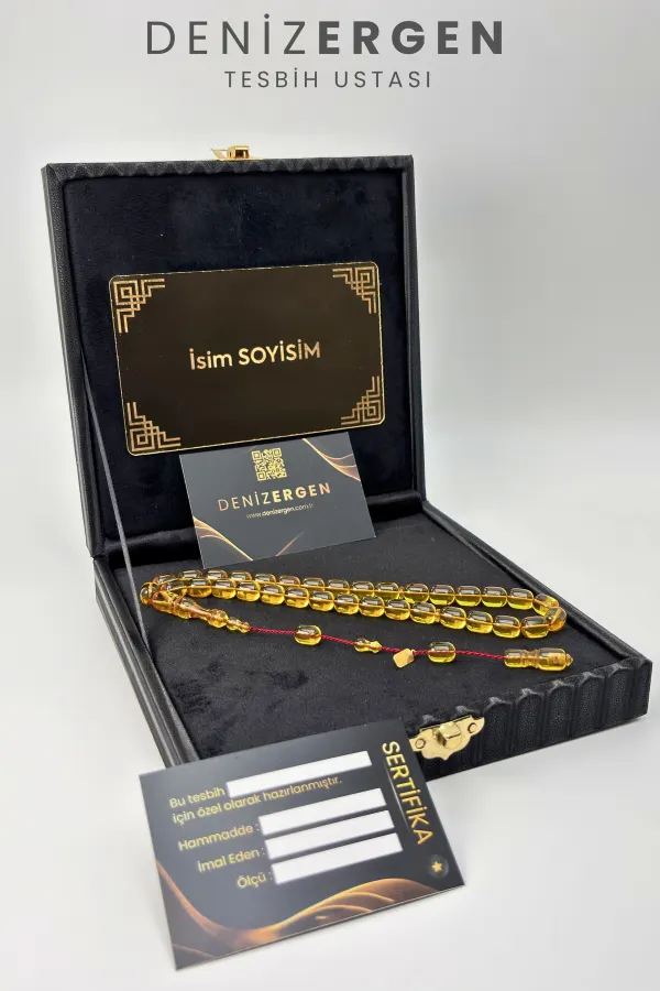 Kişiye Özel Premium Kutulu Sertifikalı Ad Soyad Ateş Kehribarı Bakalit Sistem Püsküllü Tesbih