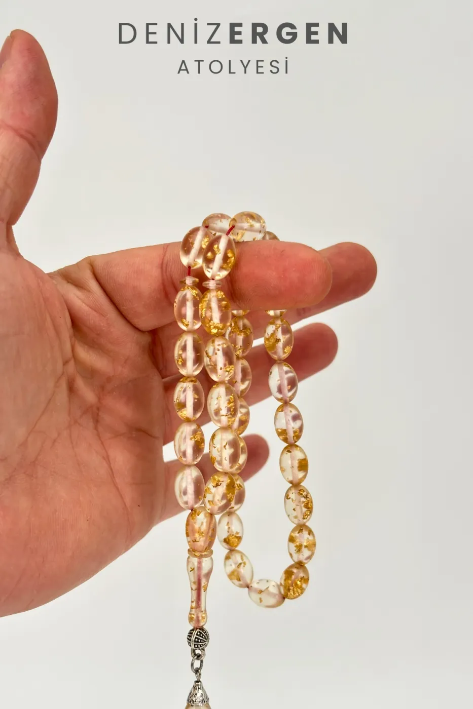 Orjinal Sertifikalı Usta İşi 24k Altın Parçacıklı Şeffaf Golden Rosary Tesbih Erkek Hediyelik