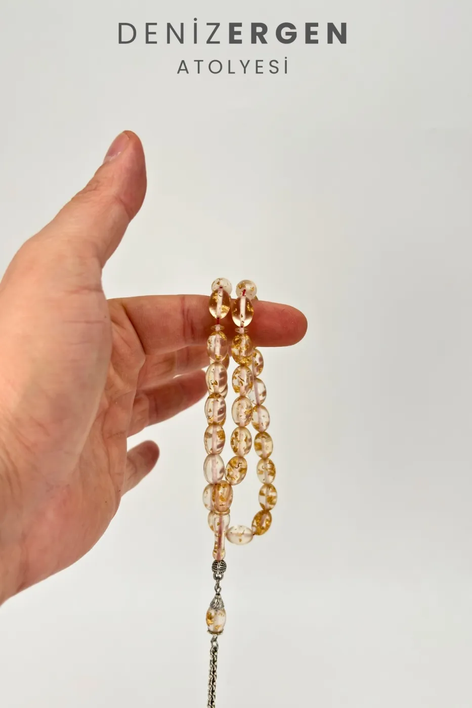 Orjinal Sertifikalı Usta İşi 24k Altın Parçacıklı Şeffaf Golden Rosary Tesbih Erkek Hediyelik