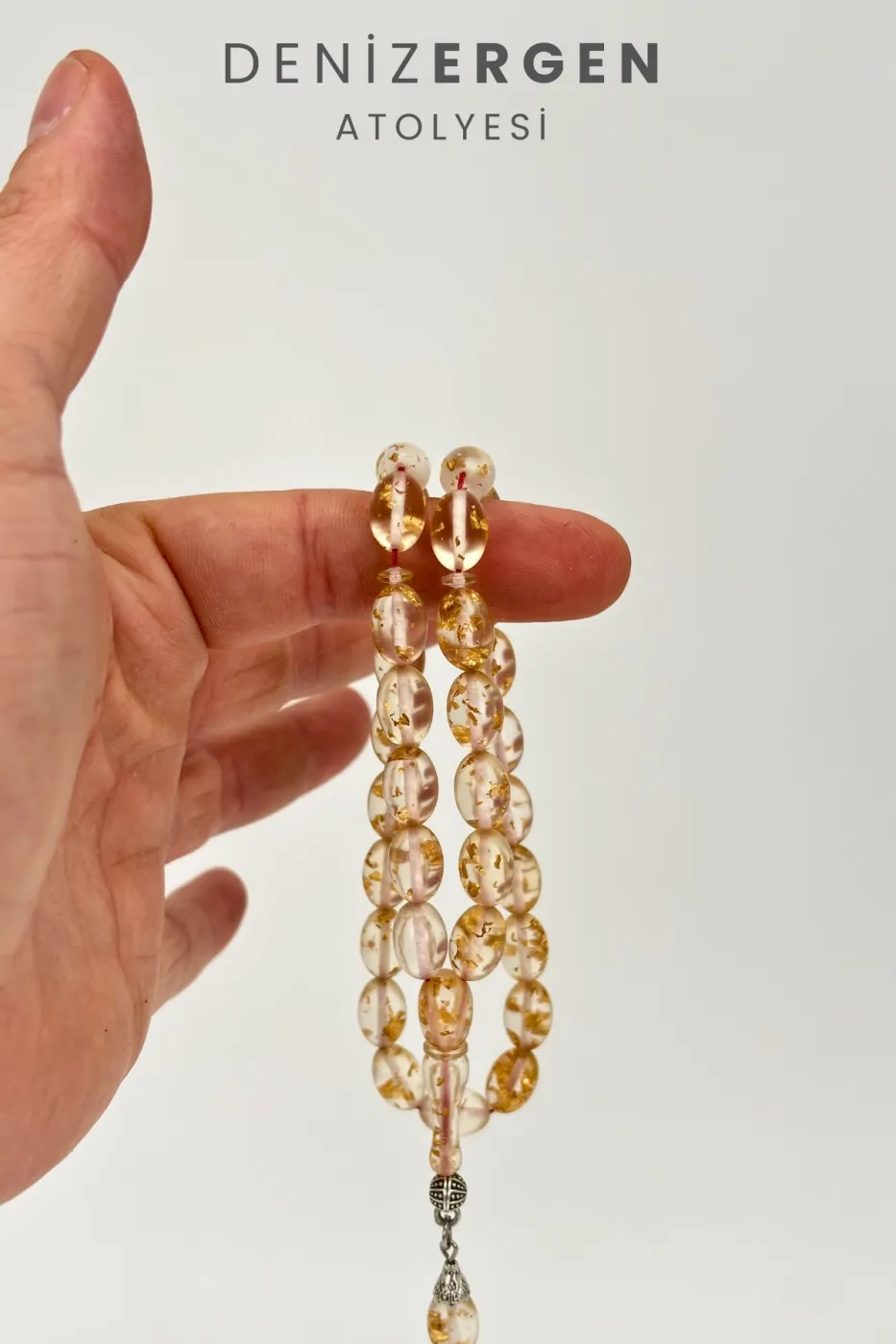 Orjinal Sertifikalı Usta İşi 24k Altın Parçacıklı Şeffaf Golden Rosary Tesbih Erkek Hediyelik