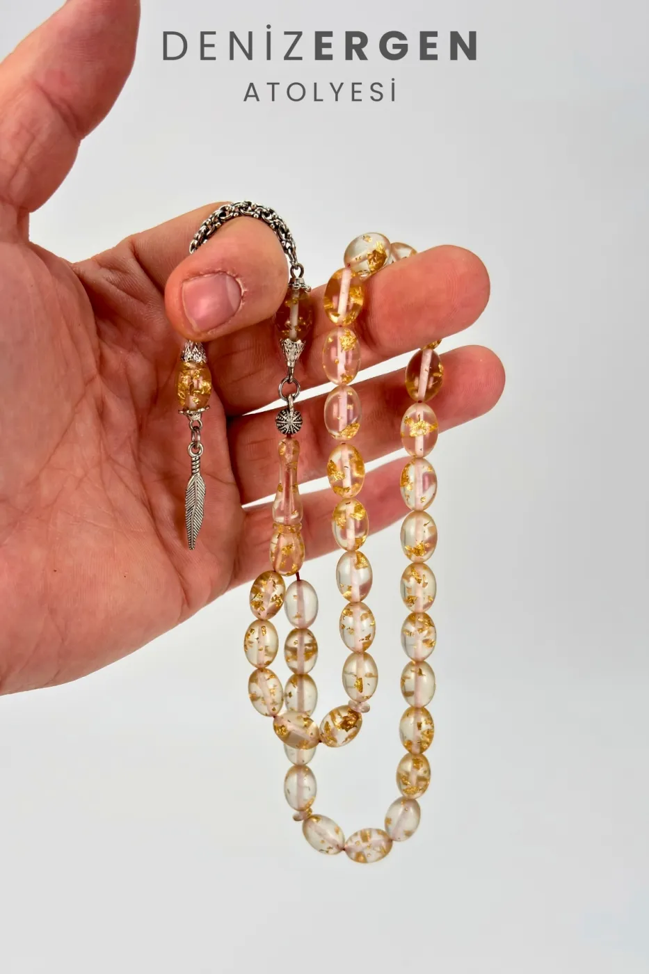 Orjinal Sertifikalı Usta İşi 24k Altın Parçacıklı Şeffaf Golden Rosary Tesbih Erkek Hediyelik