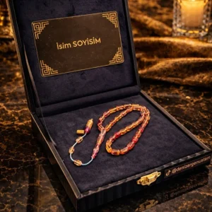 Çok Renkli Premium İmzalı Kişiye Özel Ad Soyad Kutulu Sistem Takım Sıkma Bakalit Kapsül Hediyelik Hareli Tesbih - Görsel 1