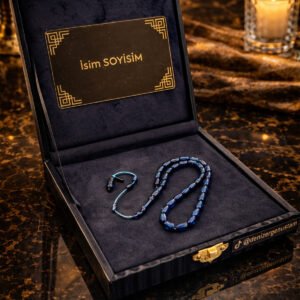 Lacivert Premium İmzalı Kişiye Özel Ad Soyad Kutulu Sistem Takım Sıkma Bakalit Kapsül Hediyelik Hareli Tesbih - Görsel 1
